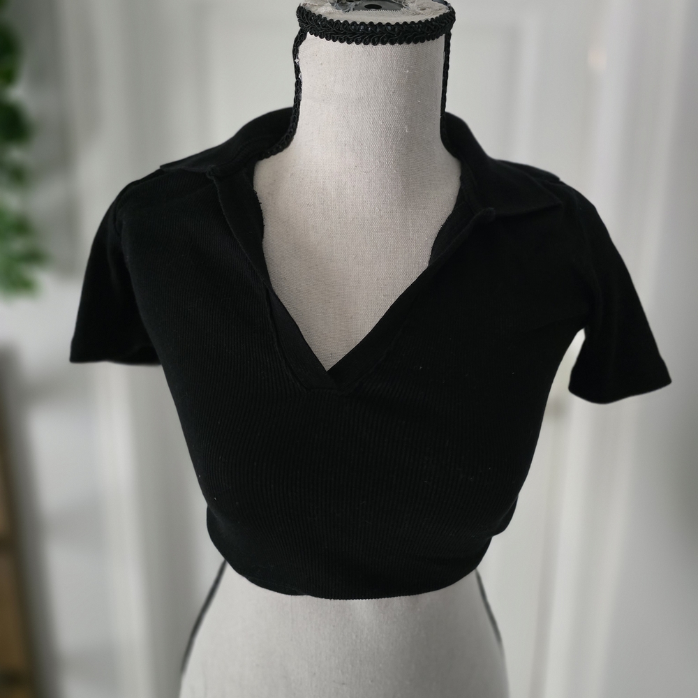 Zara Black Ribbed V-Neck Crop Top